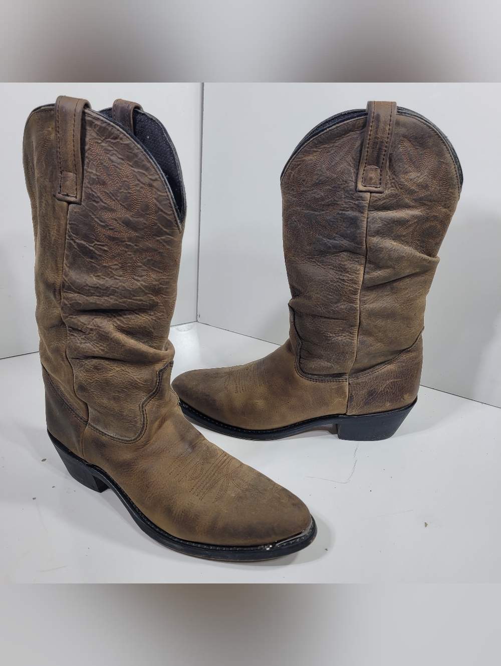 Distressed Brown Leather Cowboy Boots Mens 9.5 Western Slouch Pull On Biker Rock